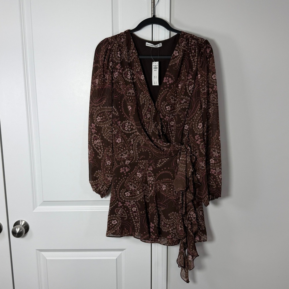 Abercrombie & Fitch Plunge Wrap Mini Dress Brown Floral Paisley Medium MP NWT